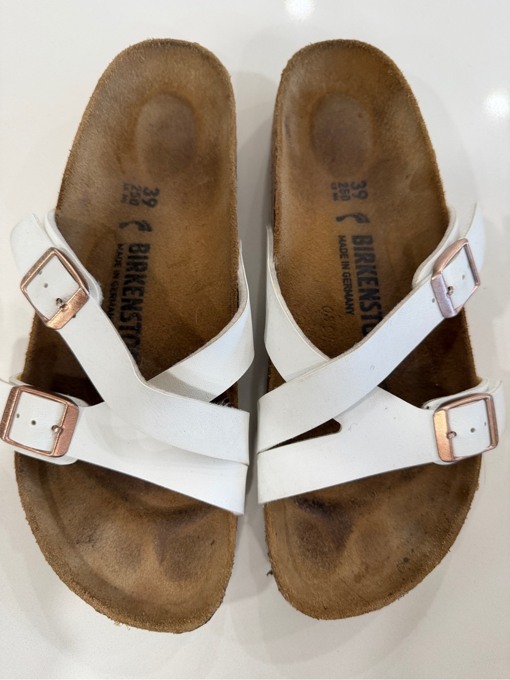 Birkenstock White Double Cross-Strap Sandals with Rose Gold Buckles